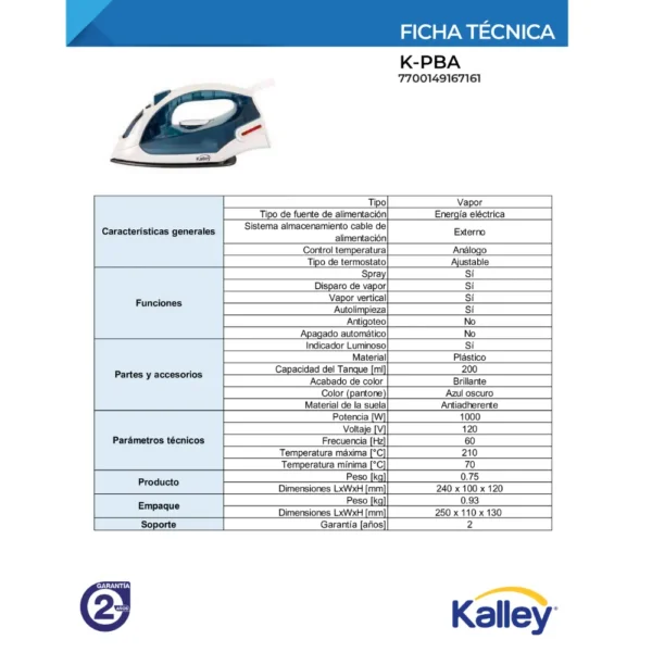 Plancha a Vapor Kalley K-PBA-ABE