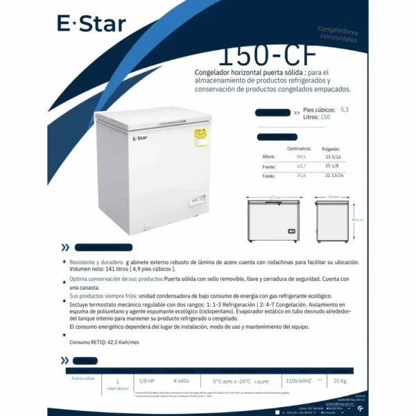 Congelador Horizontal Puerta Solida De 150 Litros