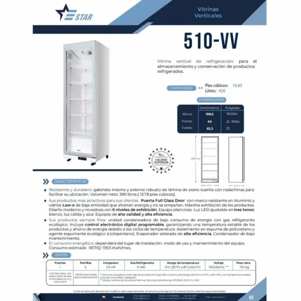 Vitrina Vertical De Refrigeración De 1 Puerta De Vidrio